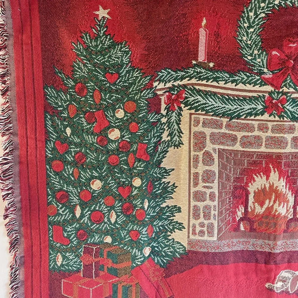VTG Chatham Christmas Fireplace Tapestry, Woven Throw / Wall Hanging
